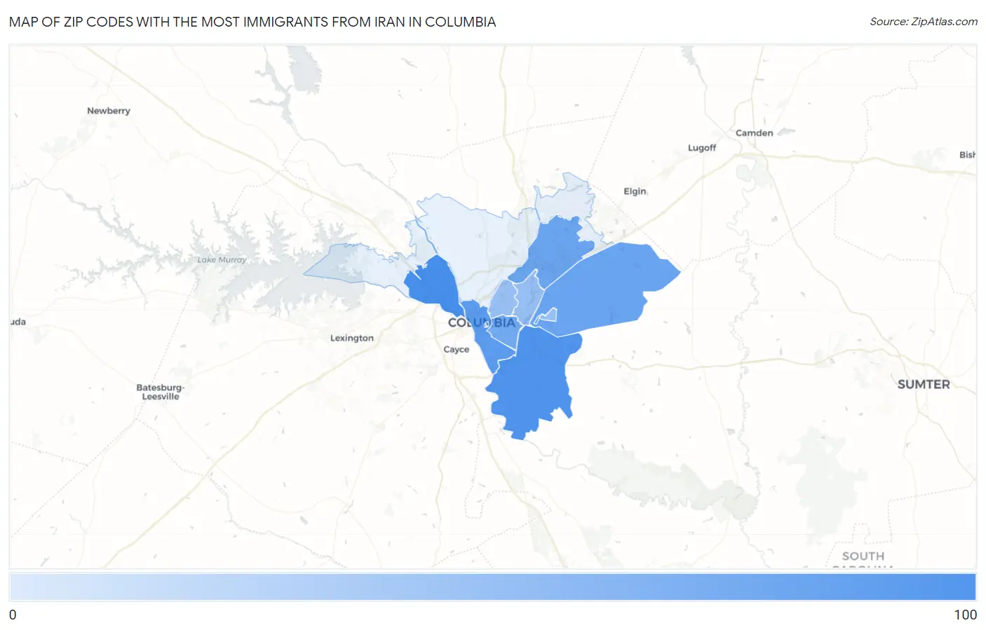 Zip Codes with the Most Immigrants from Iran in Columbia Map