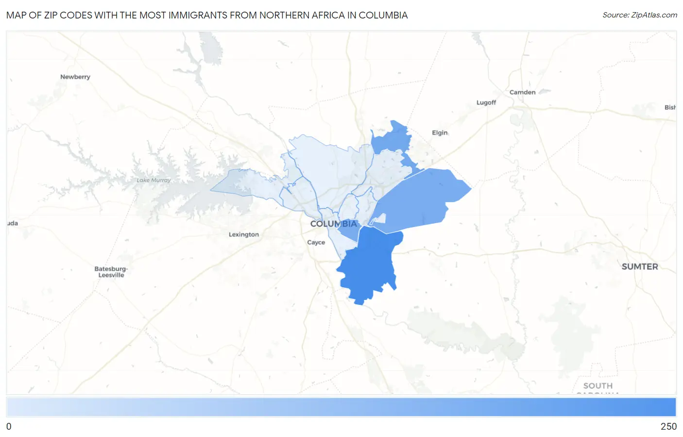 Zip Codes with the Most Immigrants from Northern Africa in Columbia Map