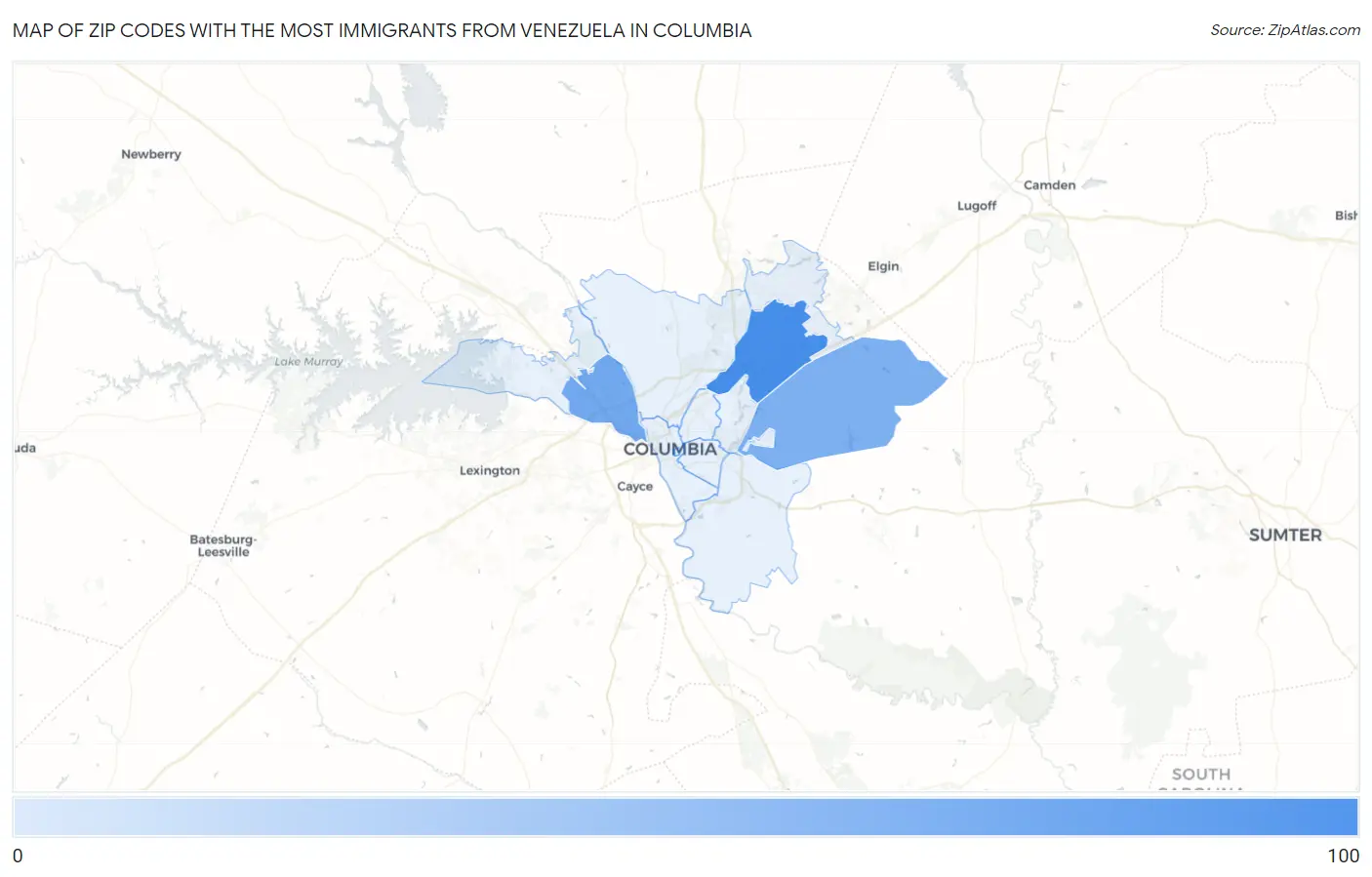 Zip Codes with the Most Immigrants from Venezuela in Columbia Map