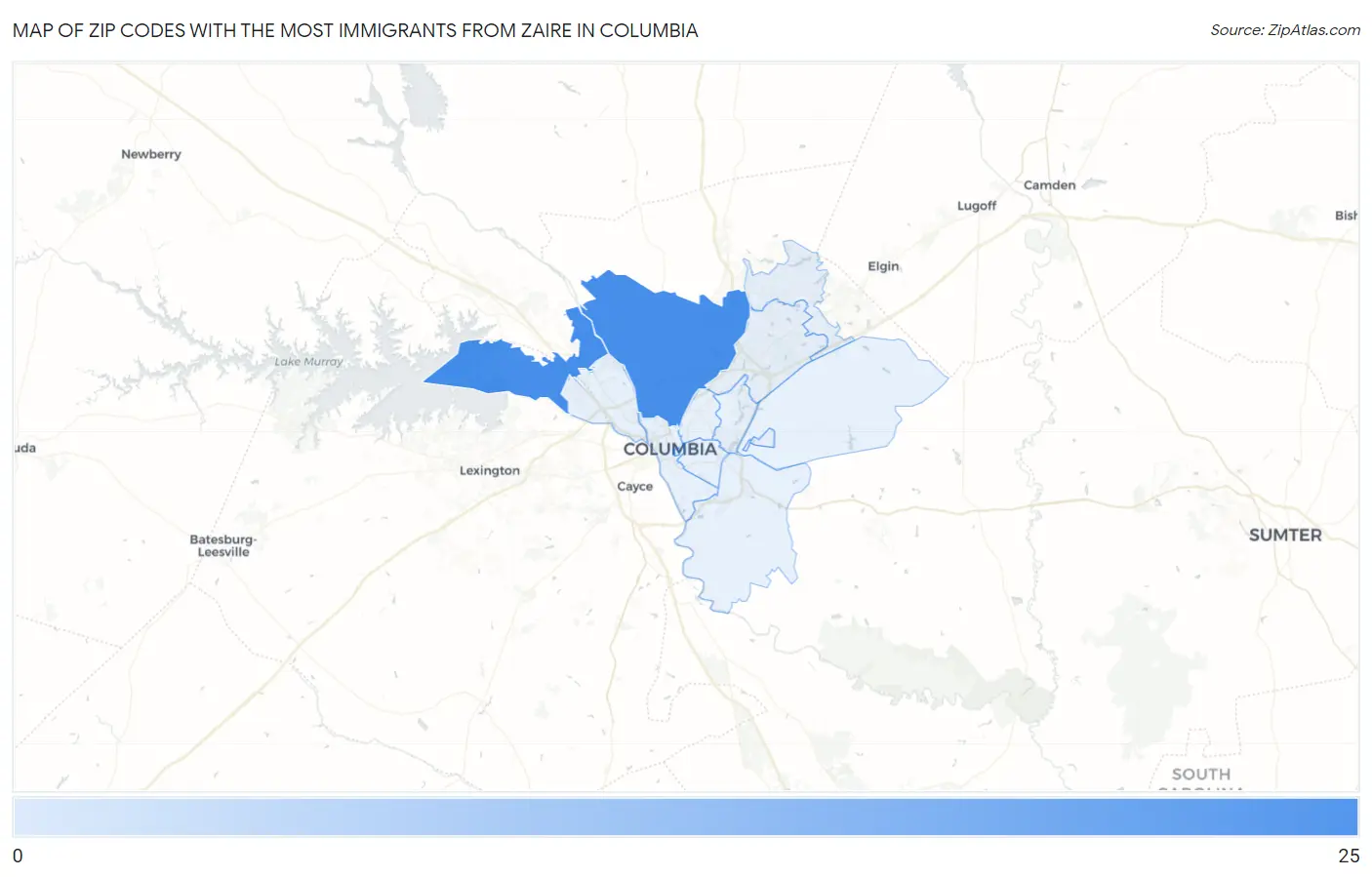 Zip Codes with the Most Immigrants from Zaire in Columbia Map