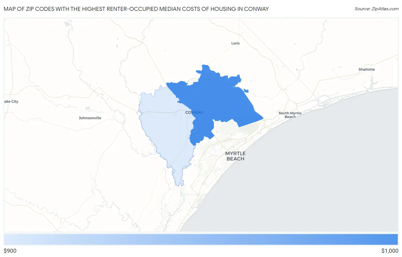 Zip Codes with the Highest Renter-Occupied Median Costs of Housing in Conway Map