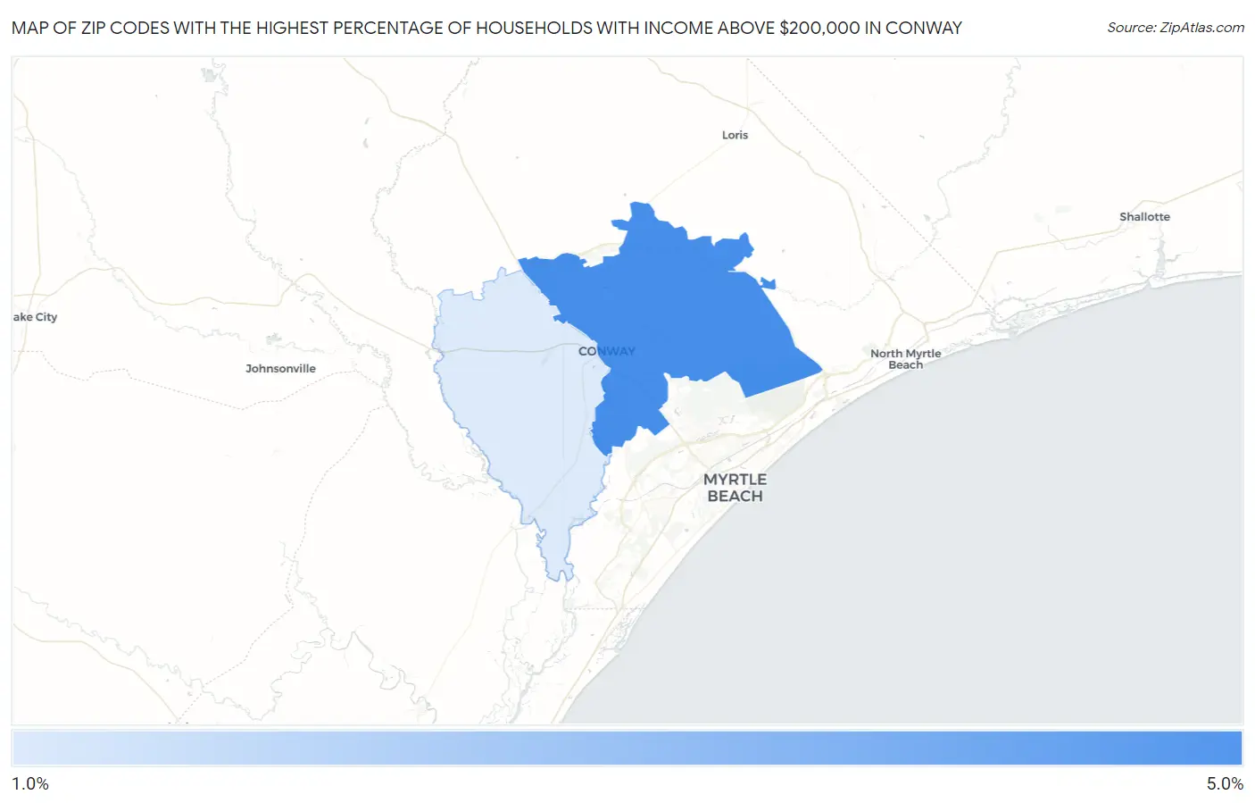 Zip Codes with the Highest Percentage of Households with Income Above $200,000 in Conway Map