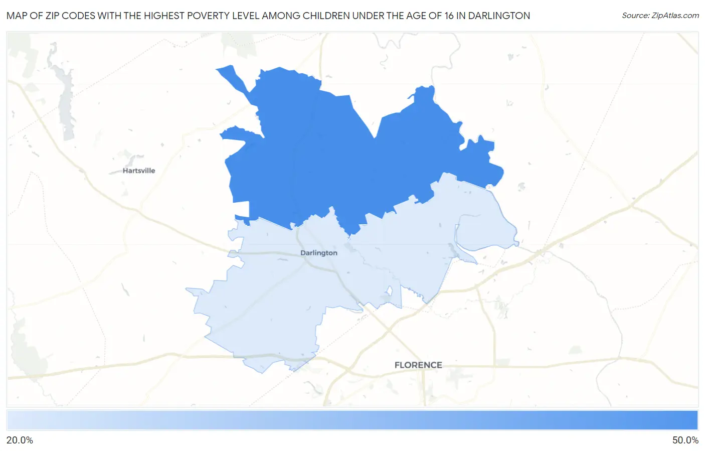 Zip Codes with the Highest Poverty Level Among Children Under the Age of 16 in Darlington Map