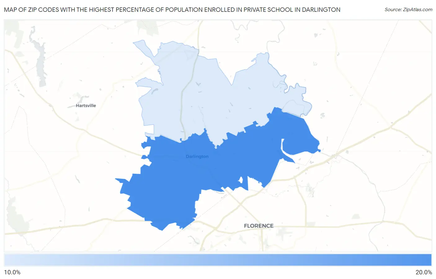 Zip Codes with the Highest Percentage of Population Enrolled in Private School in Darlington Map