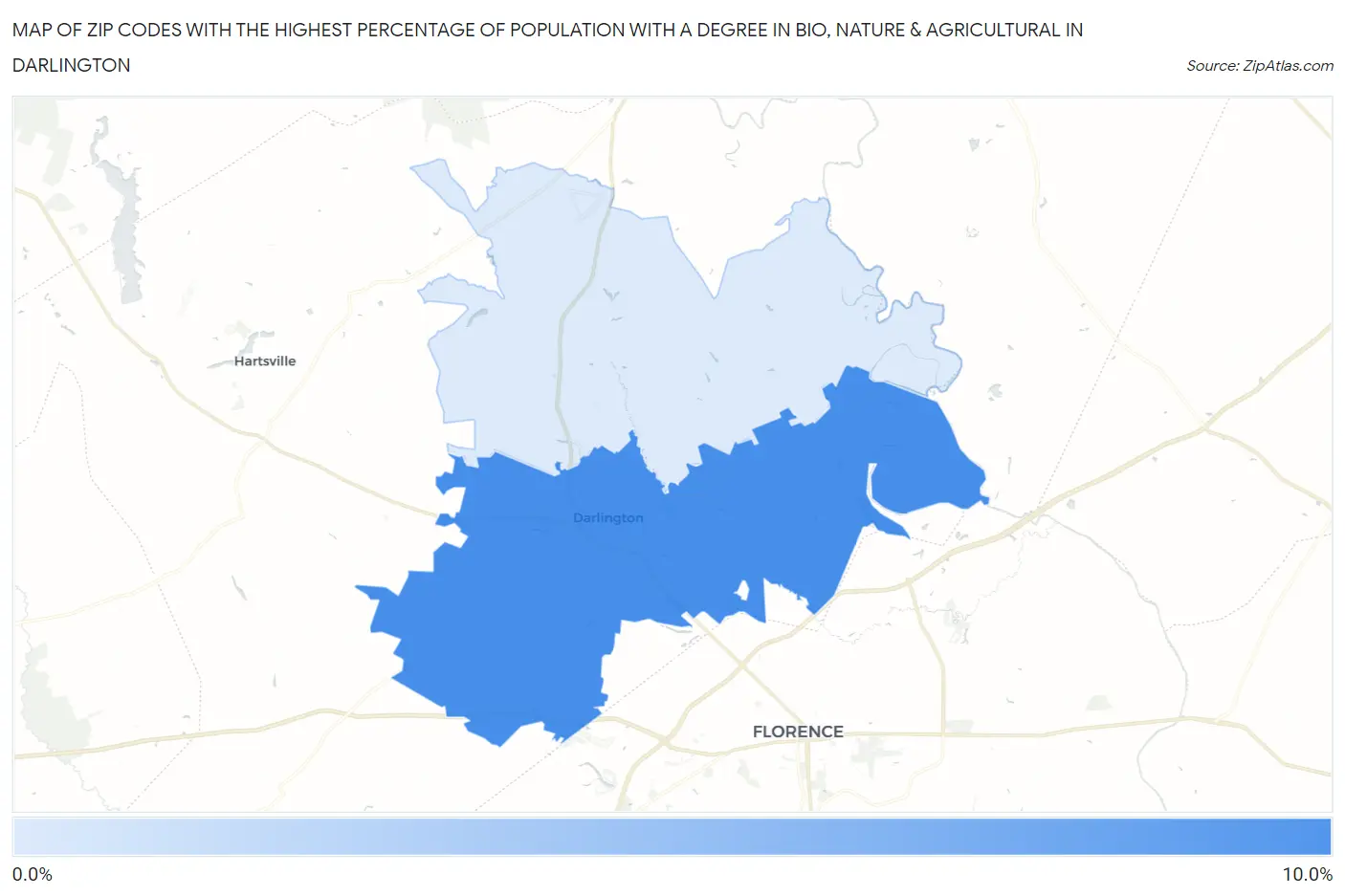 Zip Codes with the Highest Percentage of Population with a Degree in Bio, Nature & Agricultural in Darlington Map