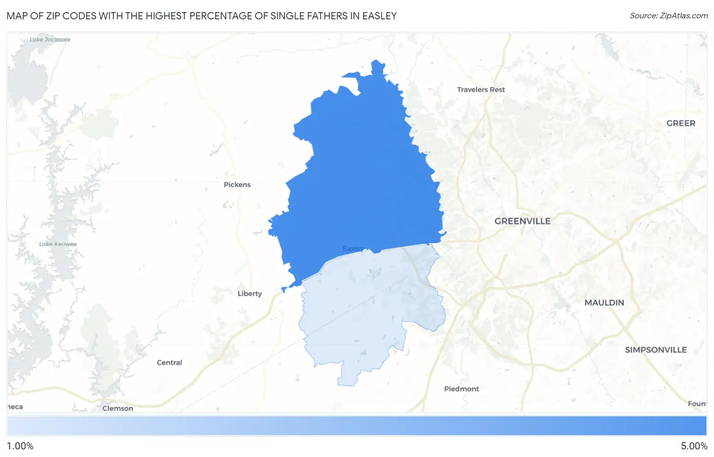 Zip Codes with the Highest Percentage of Single Fathers in Easley Map