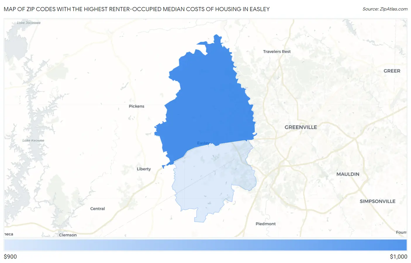 Zip Codes with the Highest Renter-Occupied Median Costs of Housing in Easley Map