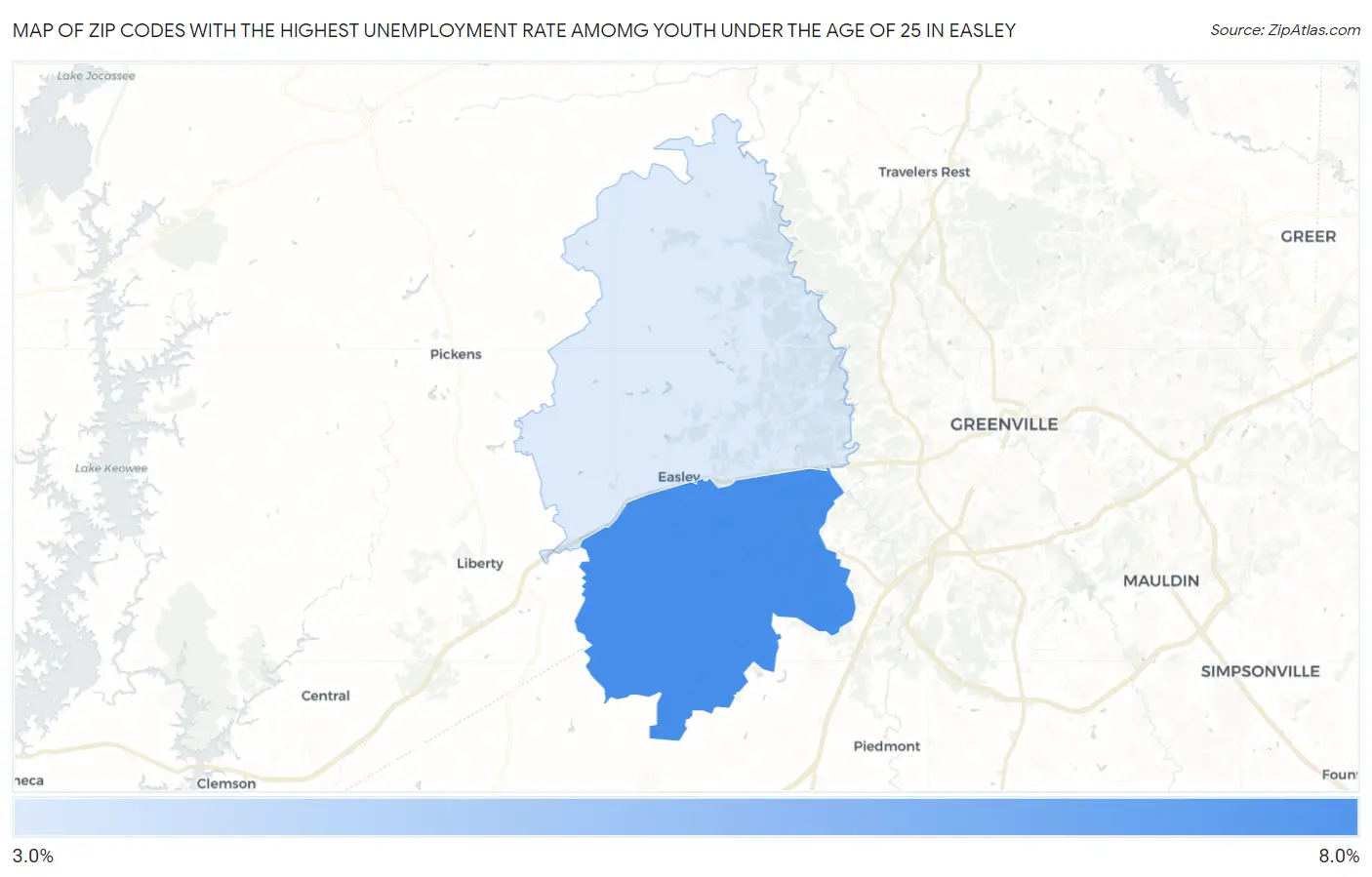 Zip Codes with the Highest Unemployment Rate Amomg Youth Under the Age of 25 in Easley Map