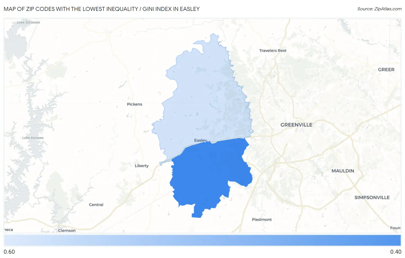 Zip Codes with the Lowest Inequality / Gini Index in Easley Map