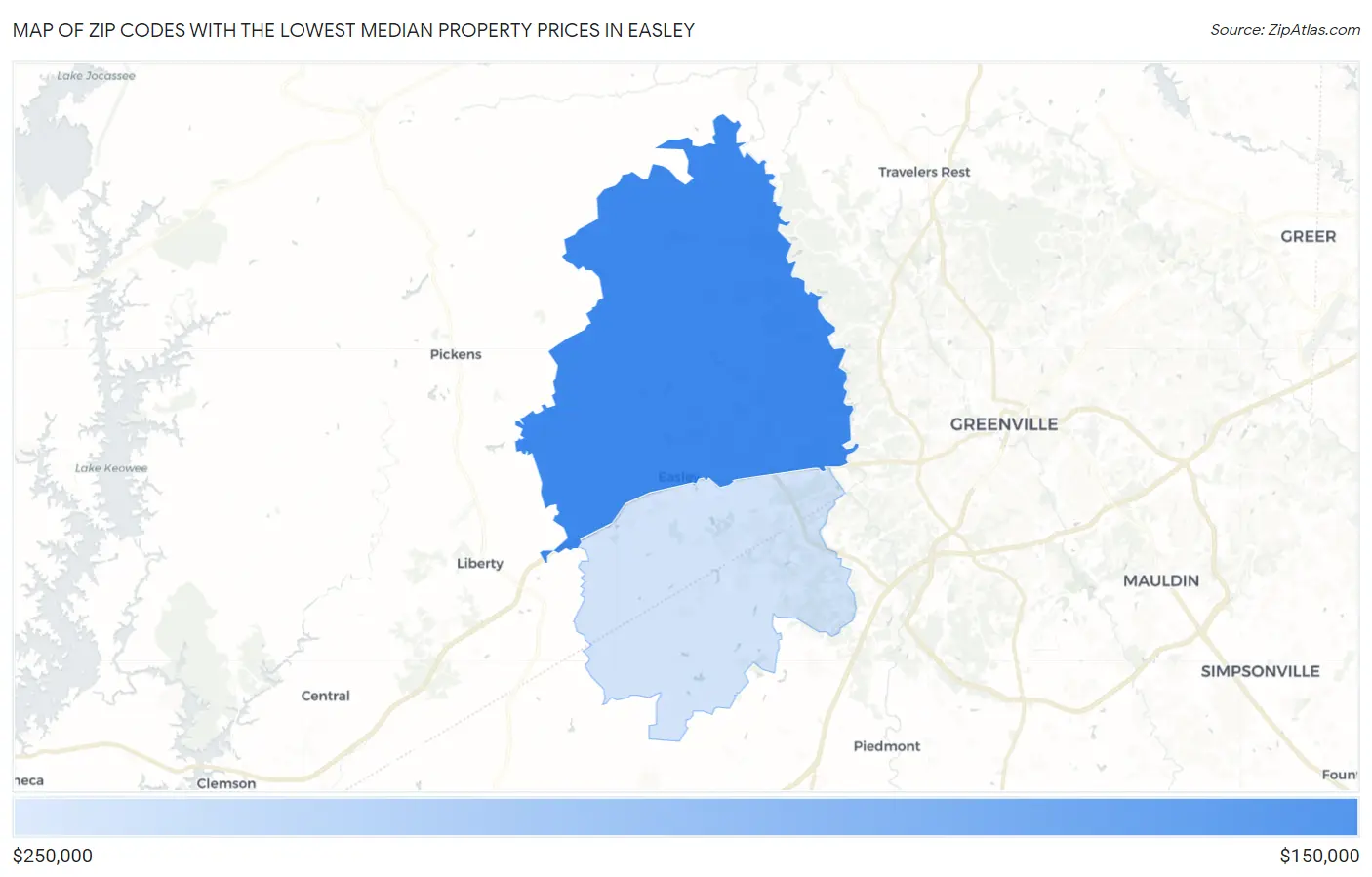 Zip Codes with the Lowest Median Property Prices in Easley Map