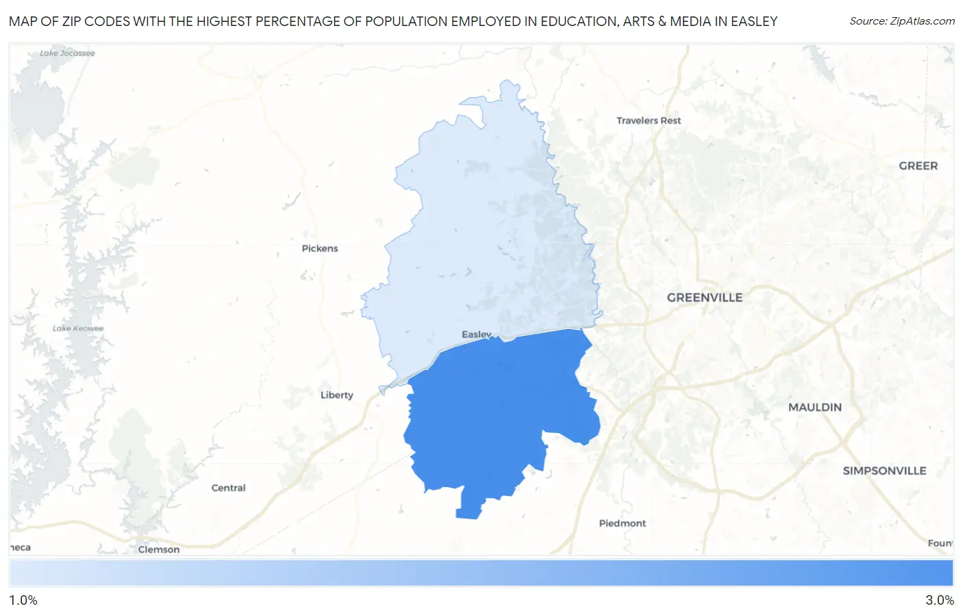 Zip Codes with the Highest Percentage of Population Employed in Education, Arts & Media in Easley Map