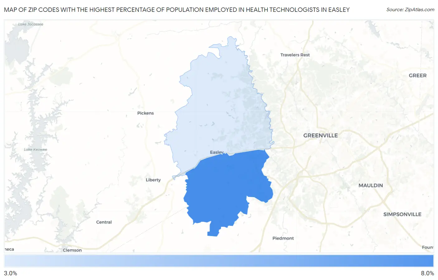 Zip Codes with the Highest Percentage of Population Employed in Health Technologists in Easley Map