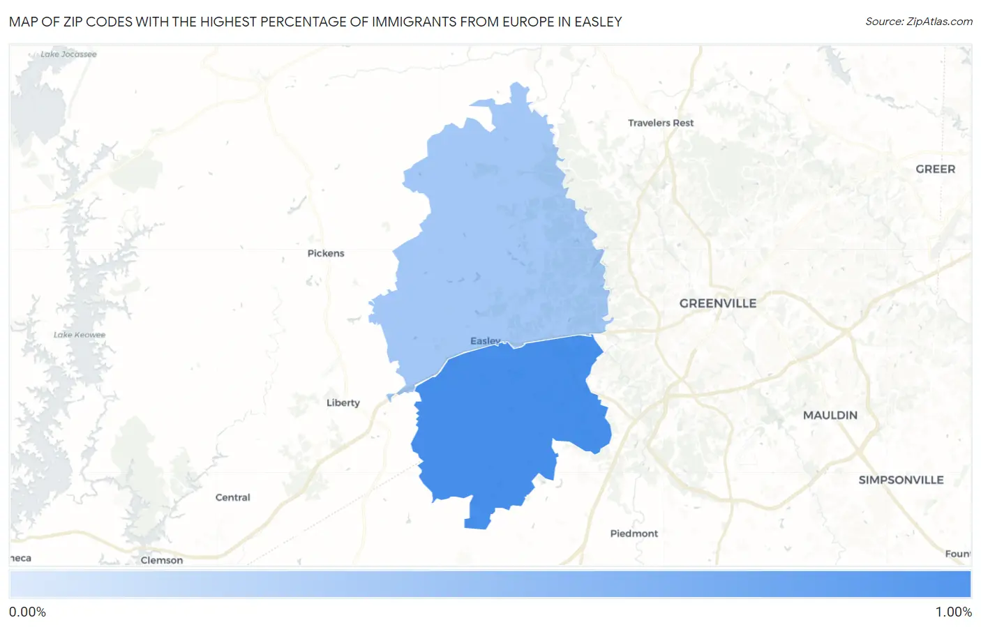 Zip Codes with the Highest Percentage of Immigrants from Europe in Easley Map