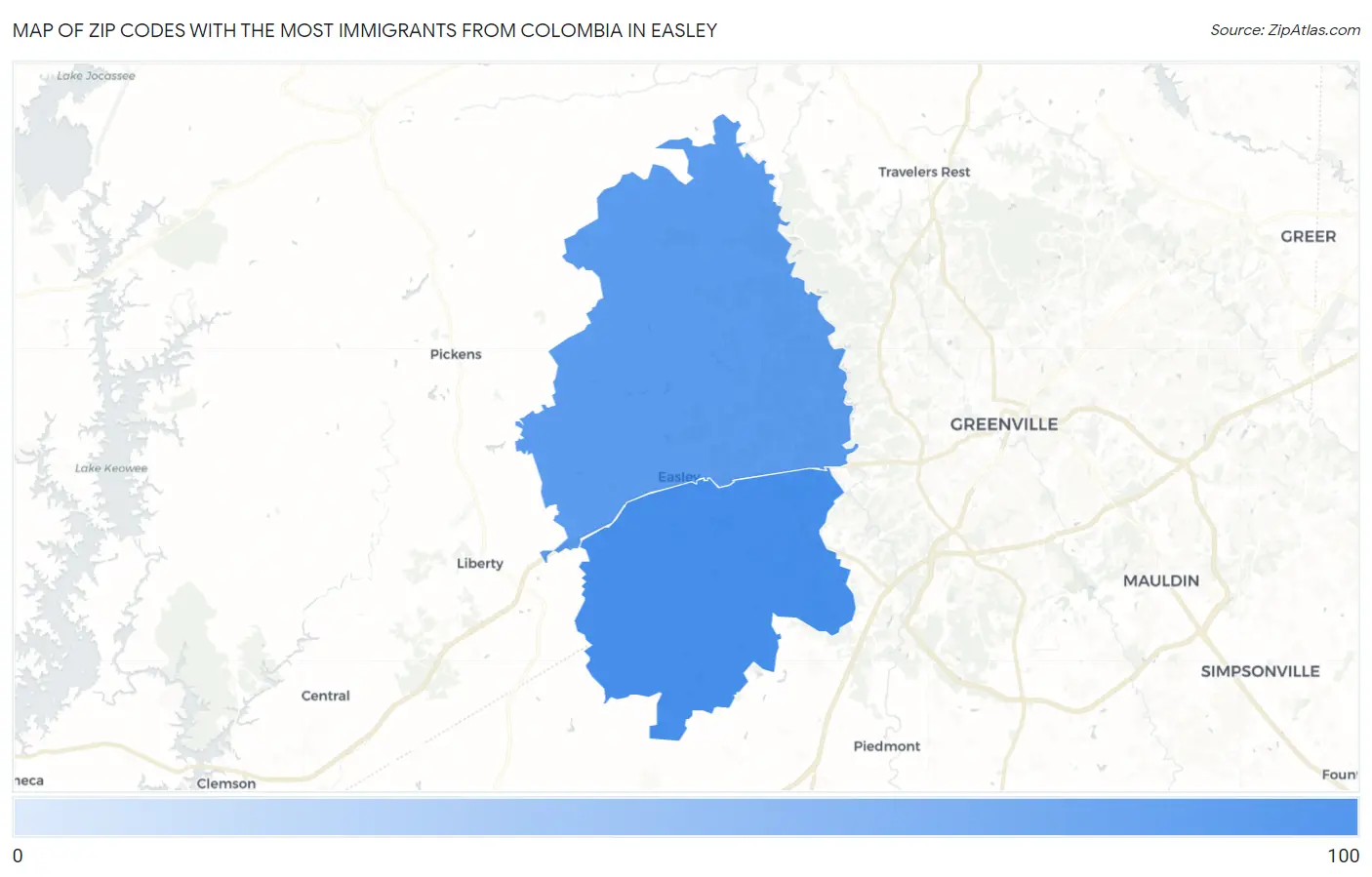 Zip Codes with the Most Immigrants from Colombia in Easley Map