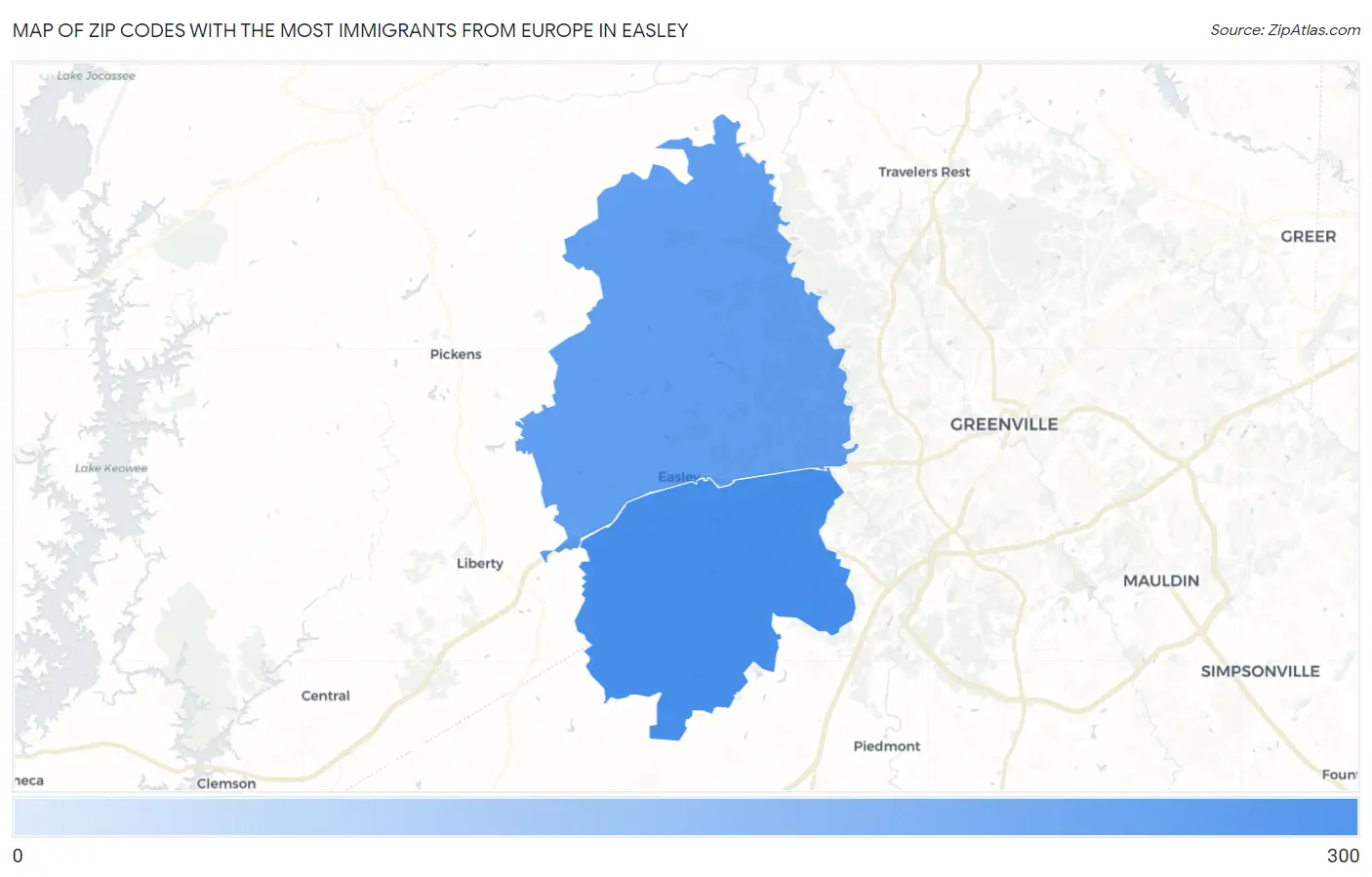 Zip Codes with the Most Immigrants from Europe in Easley Map