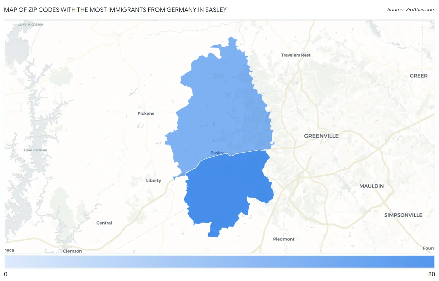 Zip Codes with the Most Immigrants from Germany in Easley Map