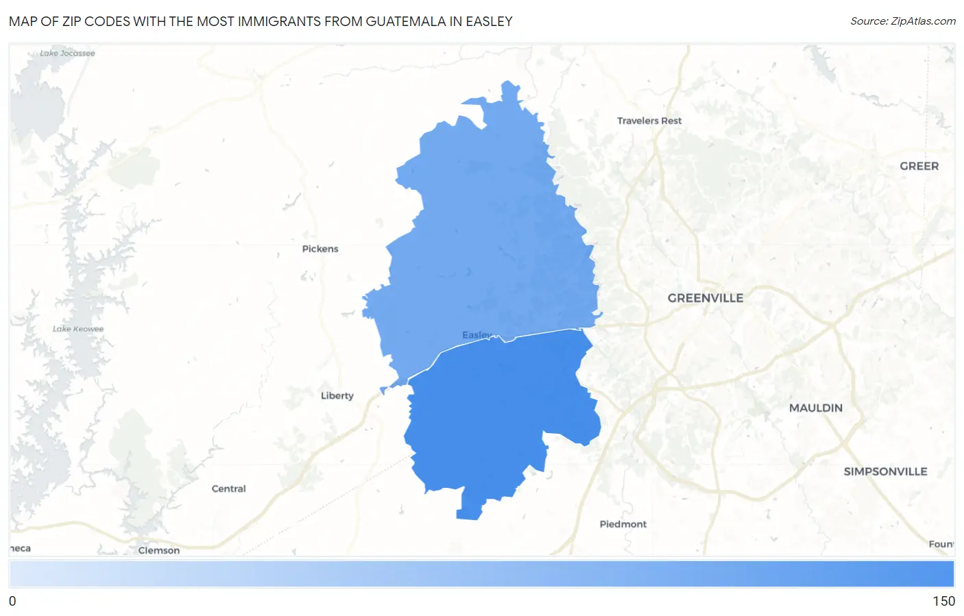 Zip Codes with the Most Immigrants from Guatemala in Easley Map