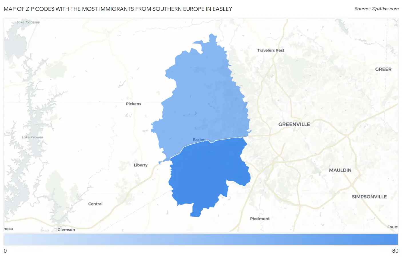 Zip Codes with the Most Immigrants from Southern Europe in Easley Map