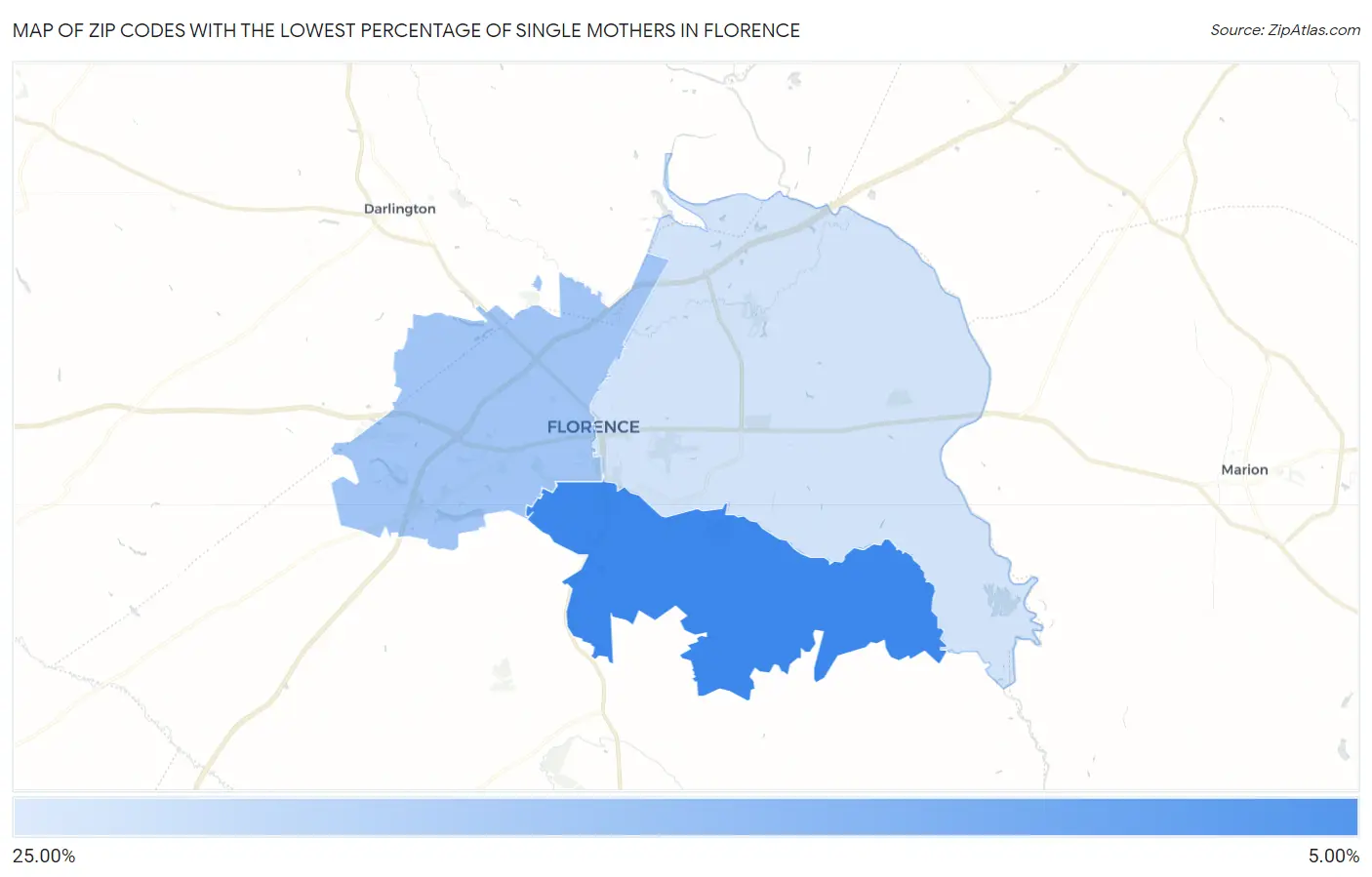 Zip Codes with the Lowest Percentage of Single Mothers in Florence Map