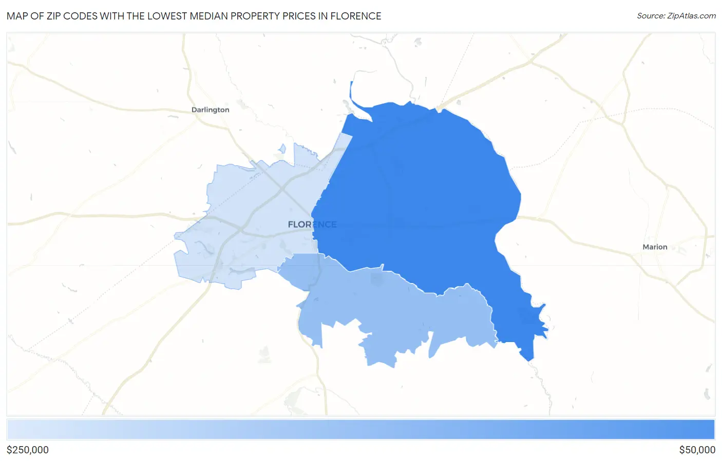 Zip Codes with the Lowest Median Property Prices in Florence Map