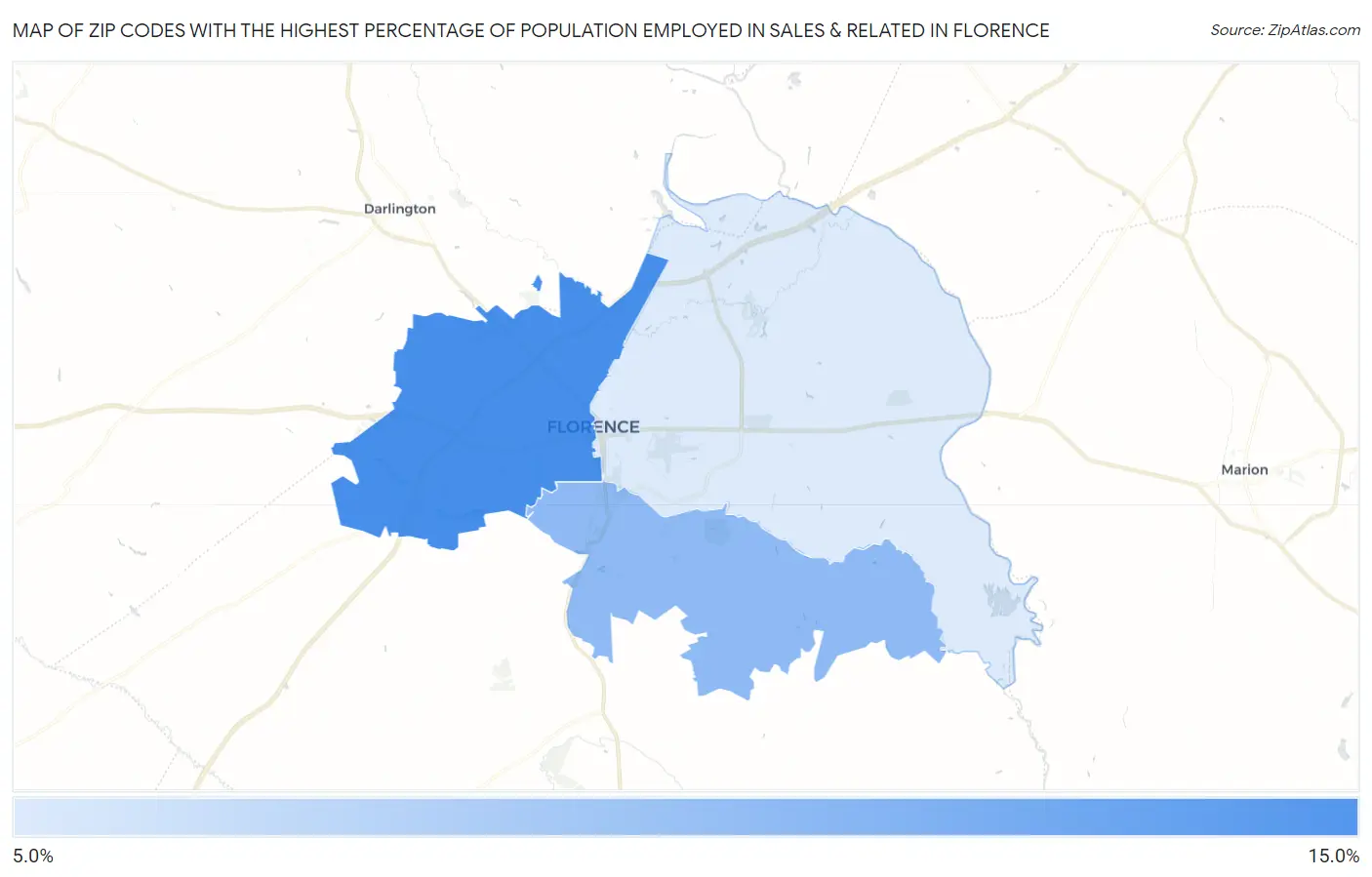 Zip Codes with the Highest Percentage of Population Employed in Sales & Related in Florence Map