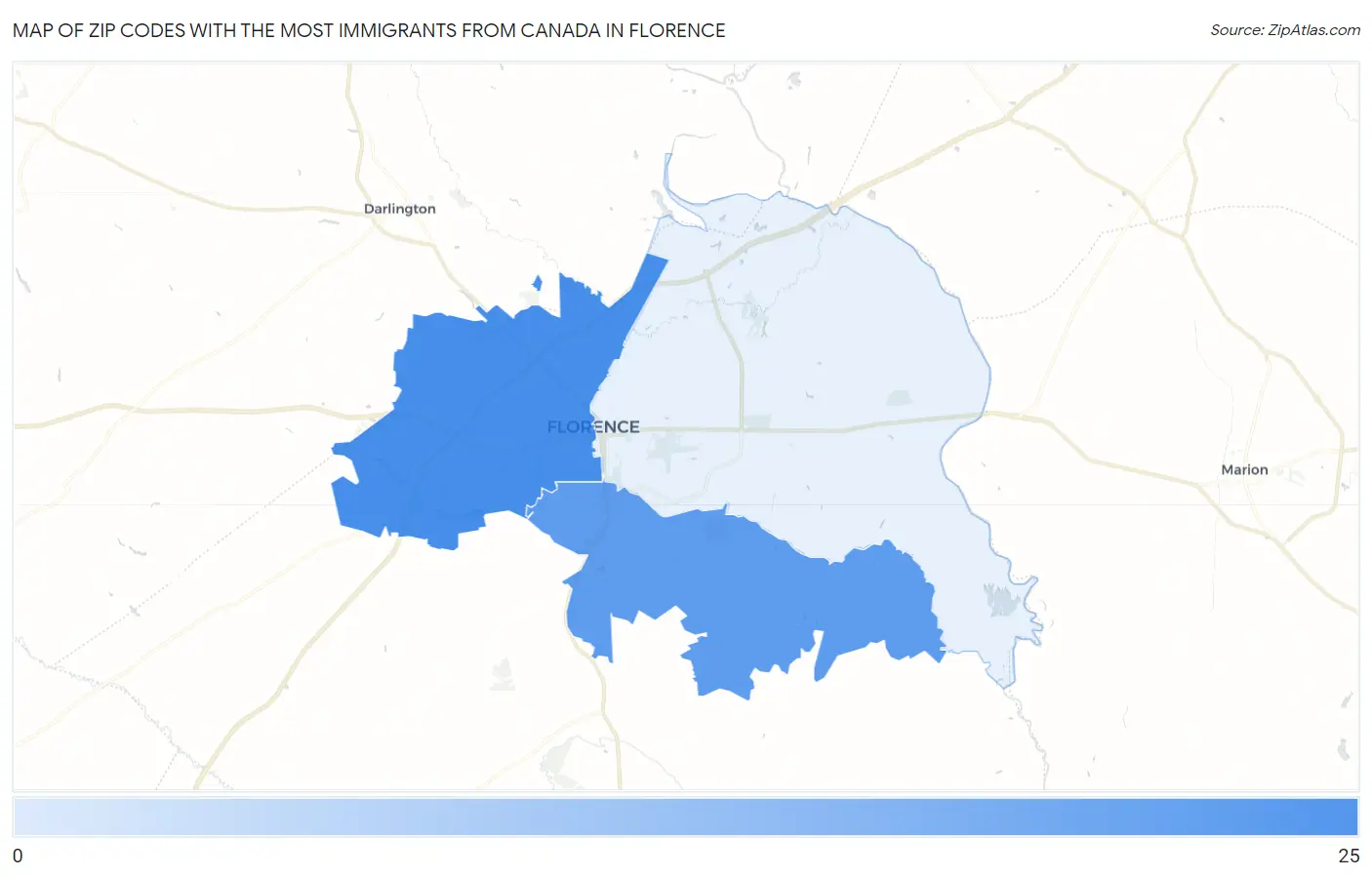Zip Codes with the Most Immigrants from Canada in Florence Map