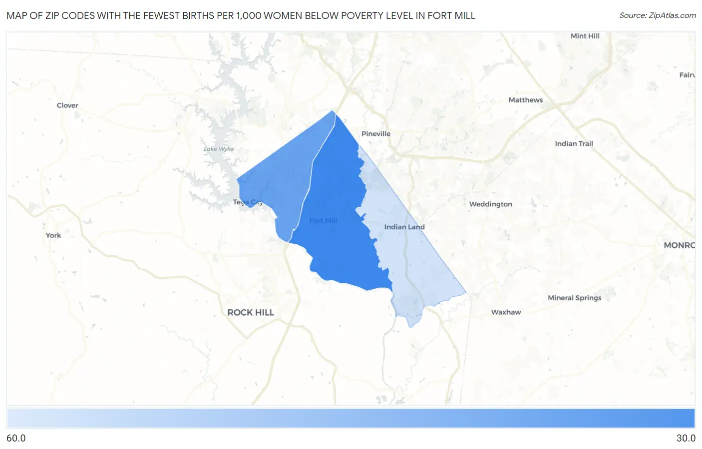 Zip Codes with the Fewest Births per 1,000 Women Below Poverty Level in Fort Mill Map