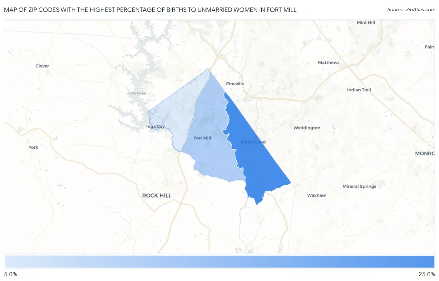 Zip Codes with the Highest Percentage of Births to Unmarried Women in Fort Mill Map
