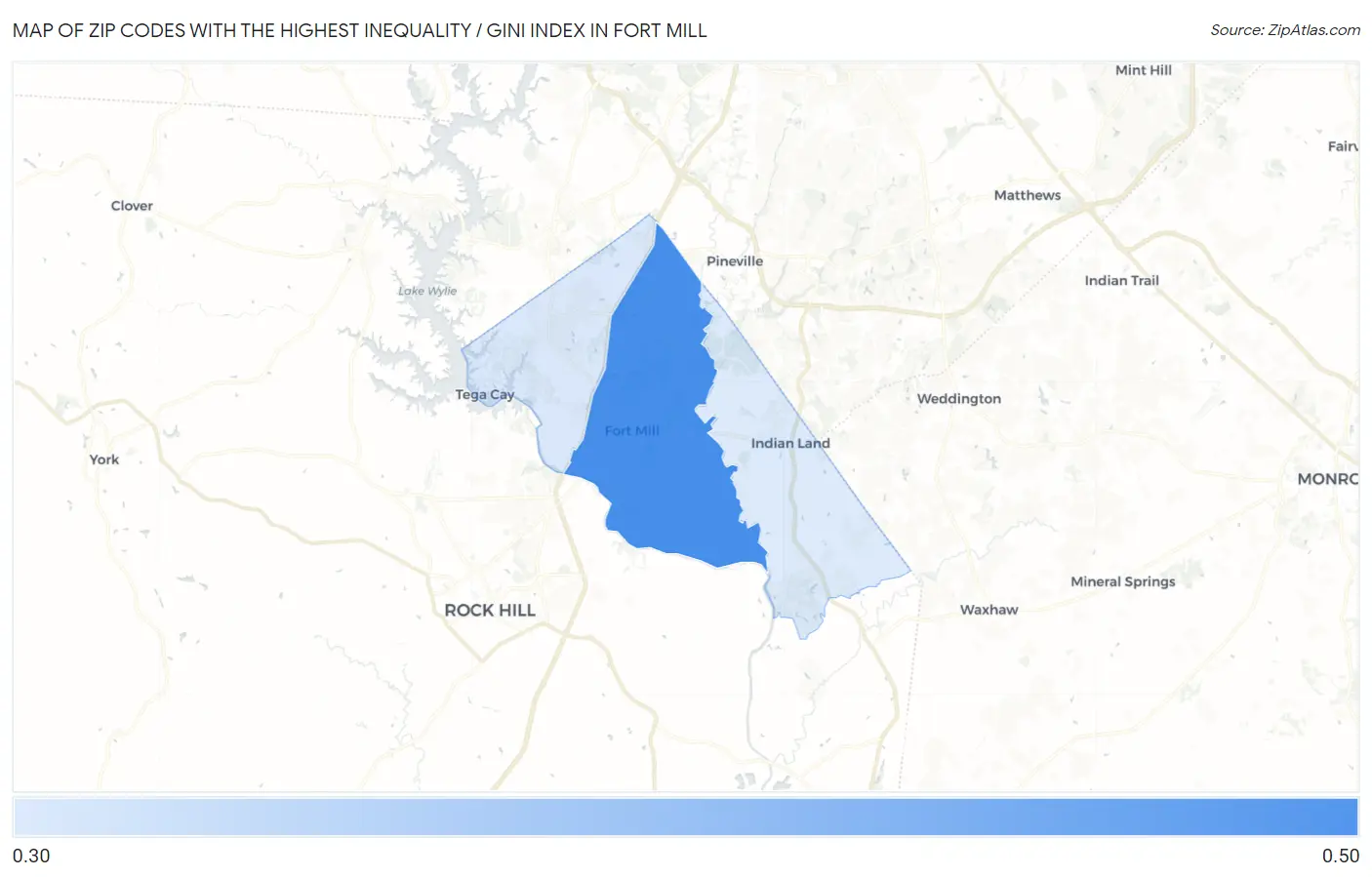 Zip Codes with the Highest Inequality / Gini Index in Fort Mill Map