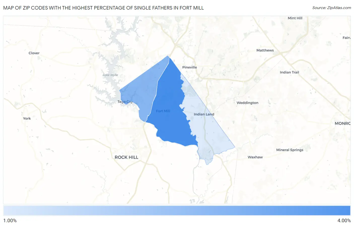 Zip Codes with the Highest Percentage of Single Fathers in Fort Mill Map