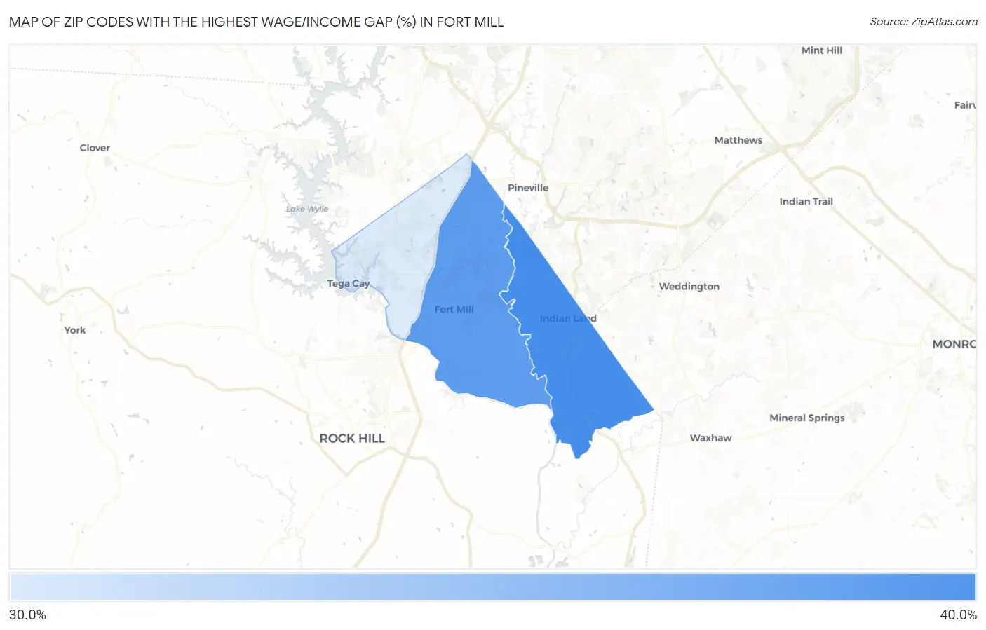 Zip Codes with the Highest Wage/Income Gap (%) in Fort Mill Map