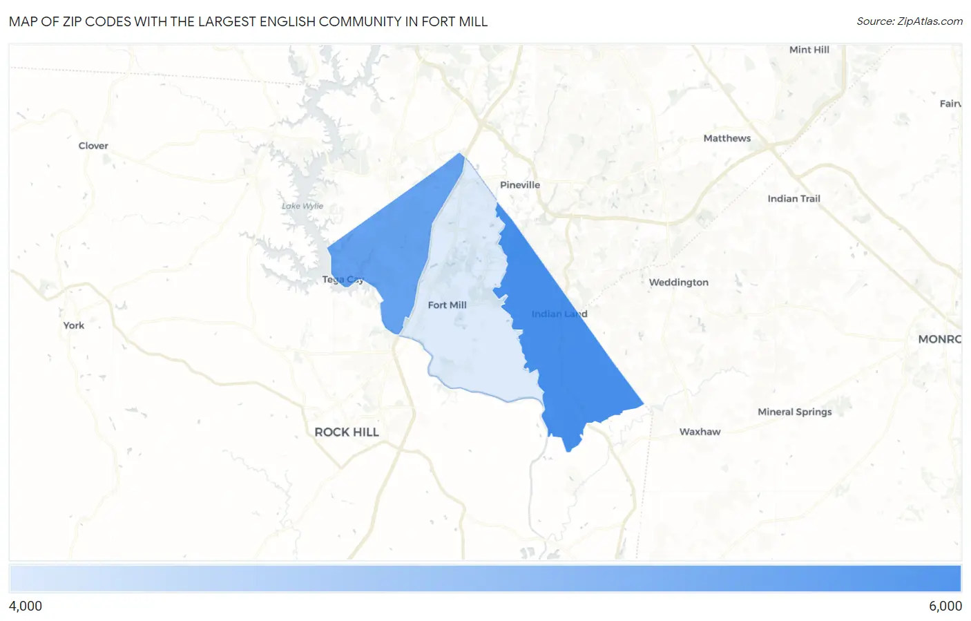 Zip Codes with the Largest English Community in Fort Mill Map