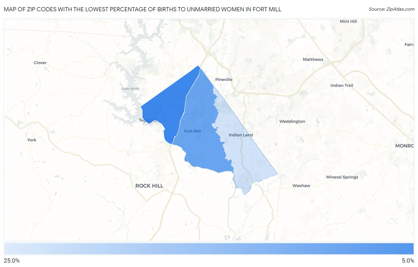 Zip Codes with the Lowest Percentage of Births to Unmarried Women in Fort Mill Map