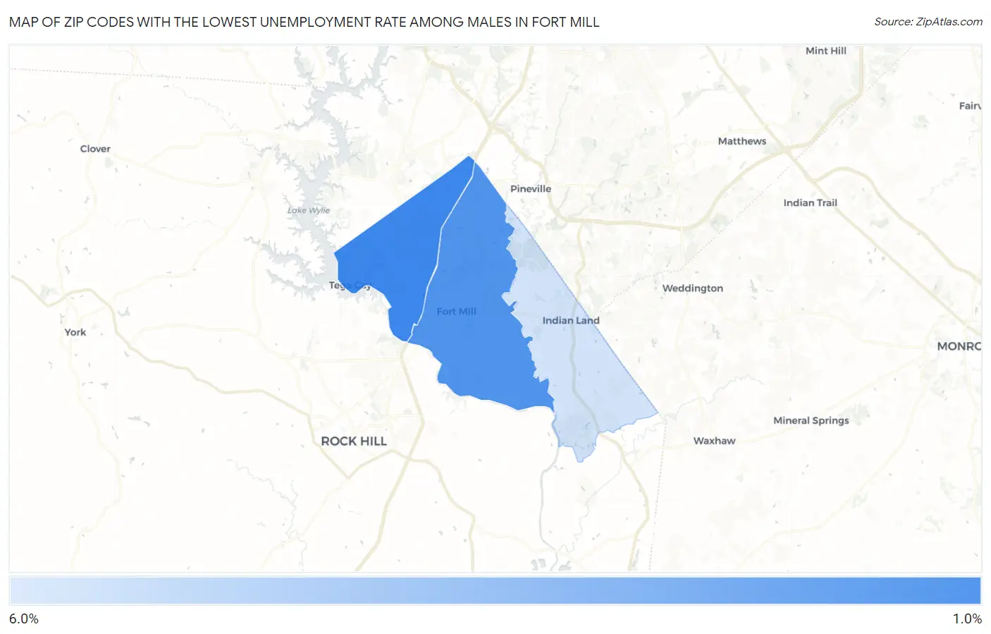 Zip Codes with the Lowest Unemployment Rate Among Males in Fort Mill Map