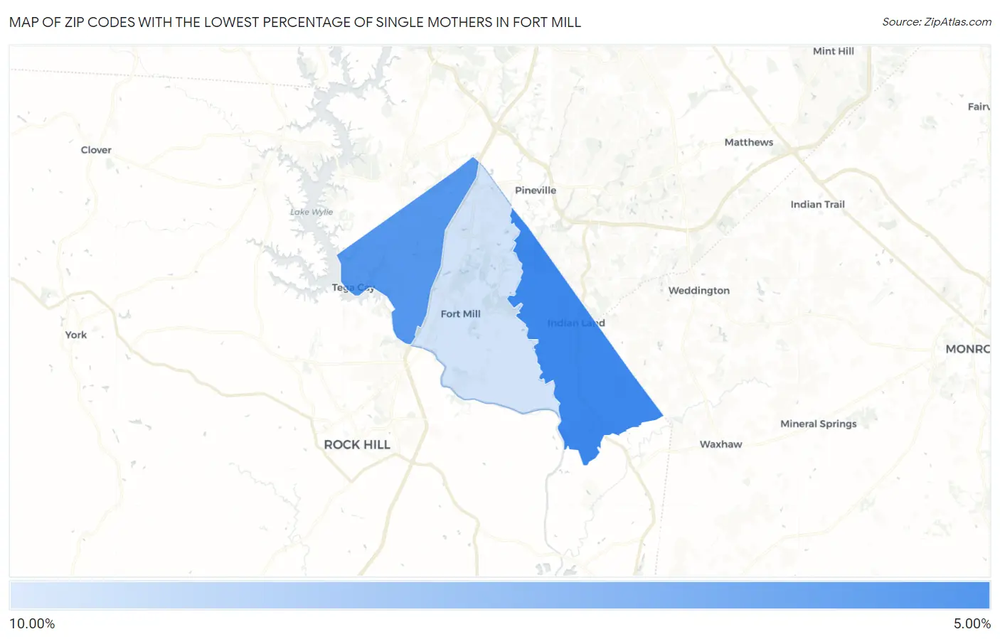 Zip Codes with the Lowest Percentage of Single Mothers in Fort Mill Map