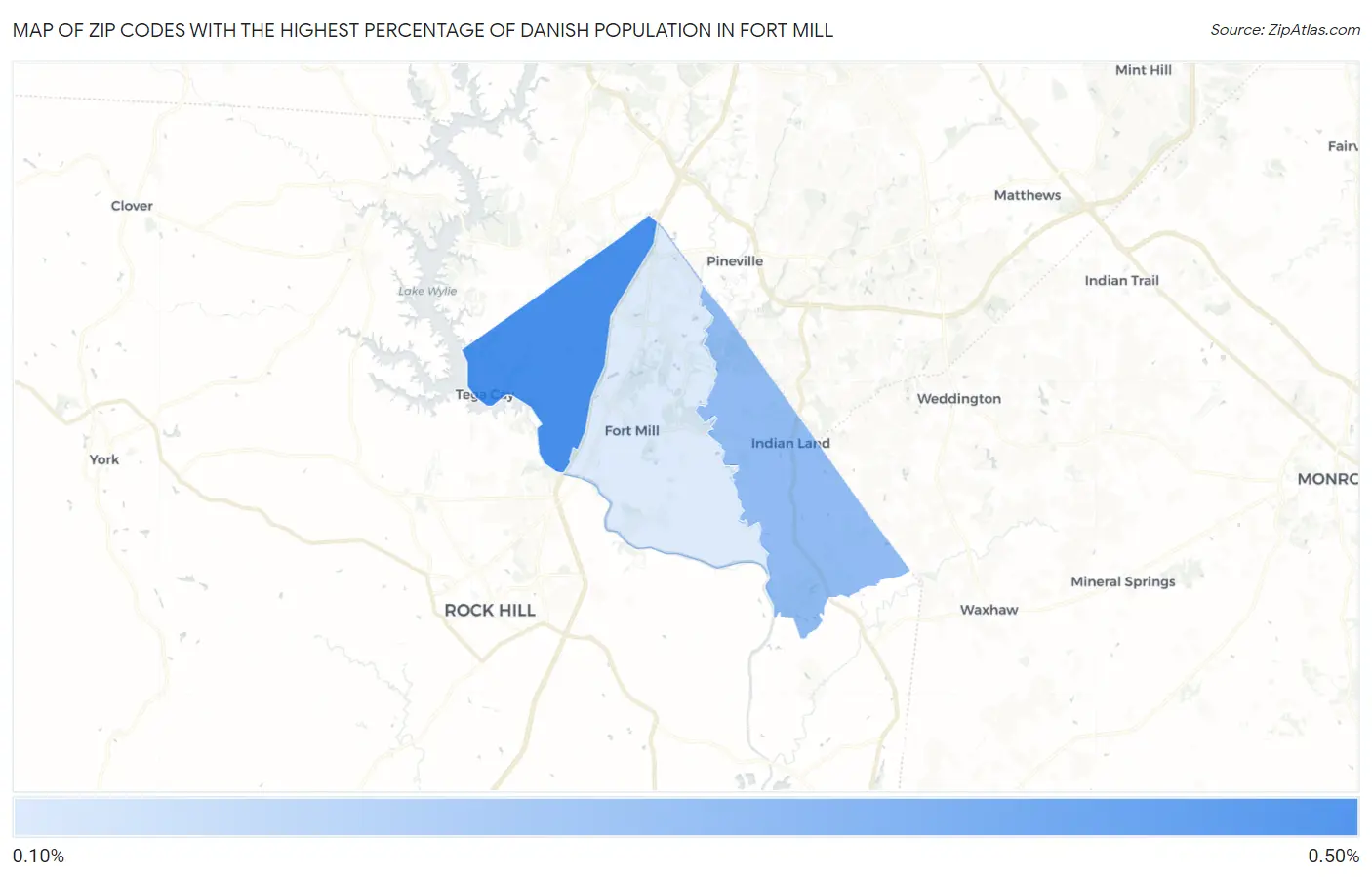 Zip Codes with the Highest Percentage of Danish Population in Fort Mill Map