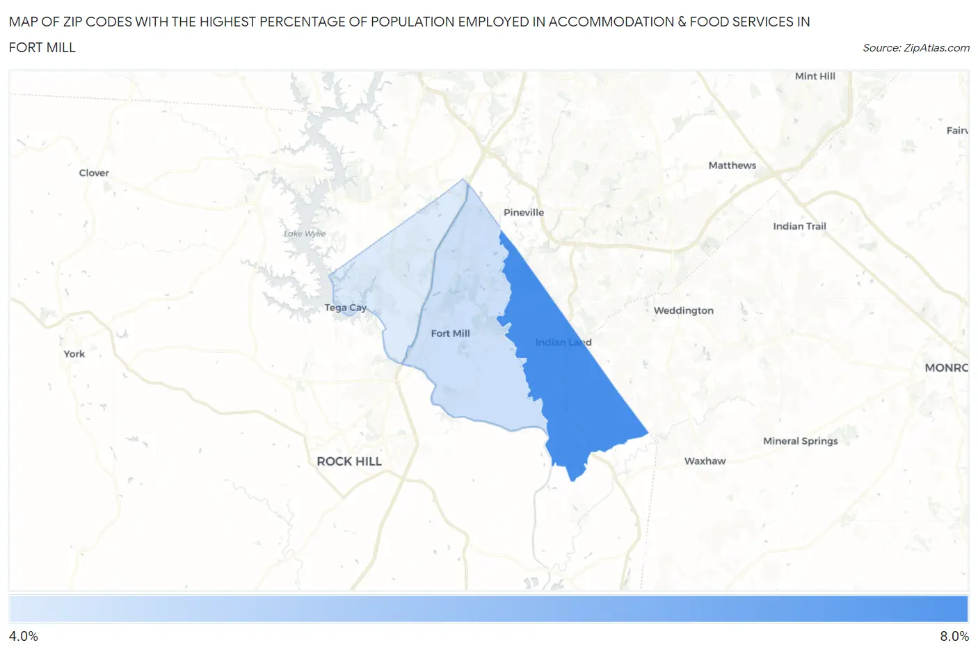 Zip Codes with the Highest Percentage of Population Employed in Accommodation & Food Services in Fort Mill Map