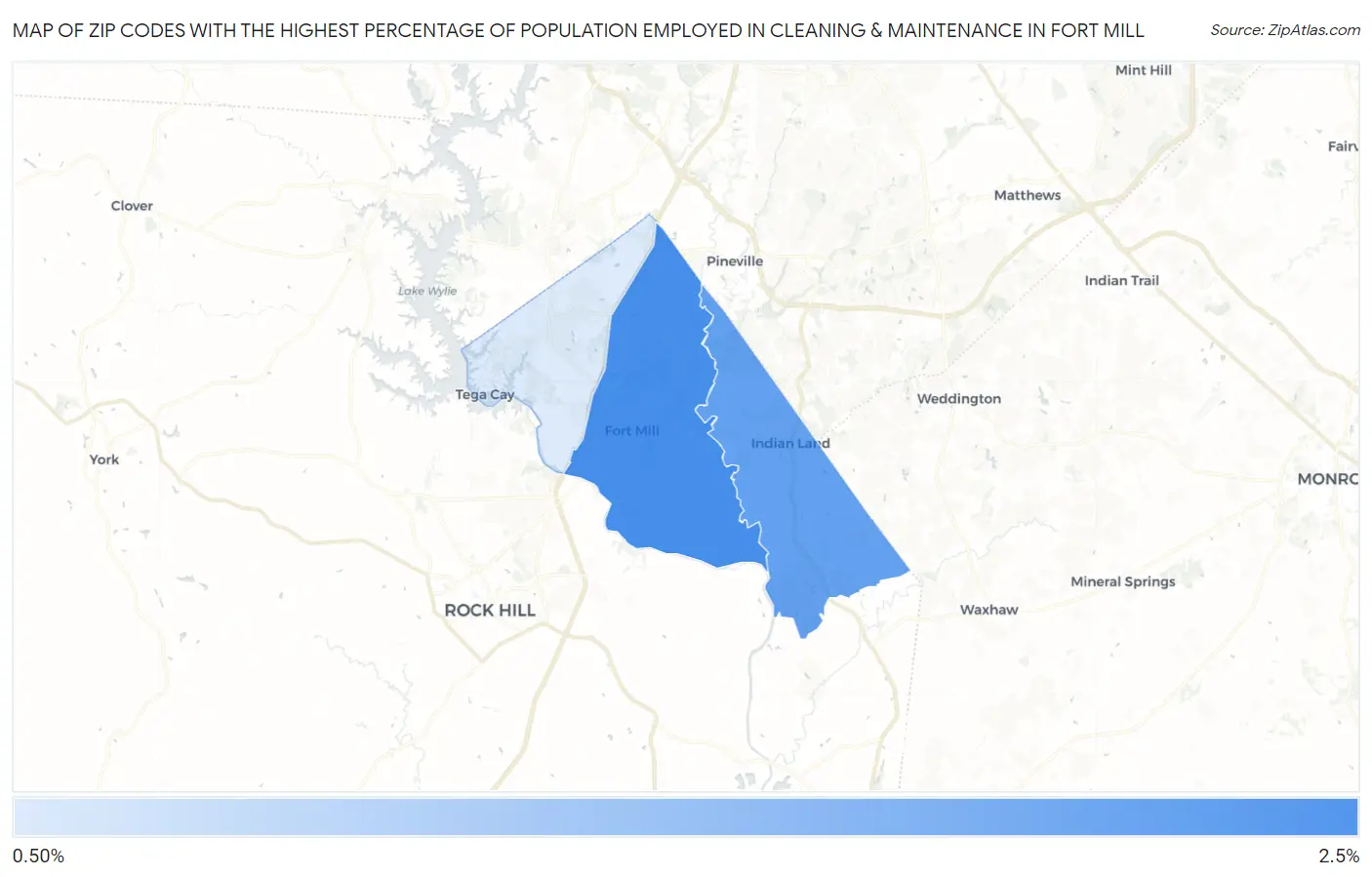 Zip Codes with the Highest Percentage of Population Employed in Cleaning & Maintenance in Fort Mill Map