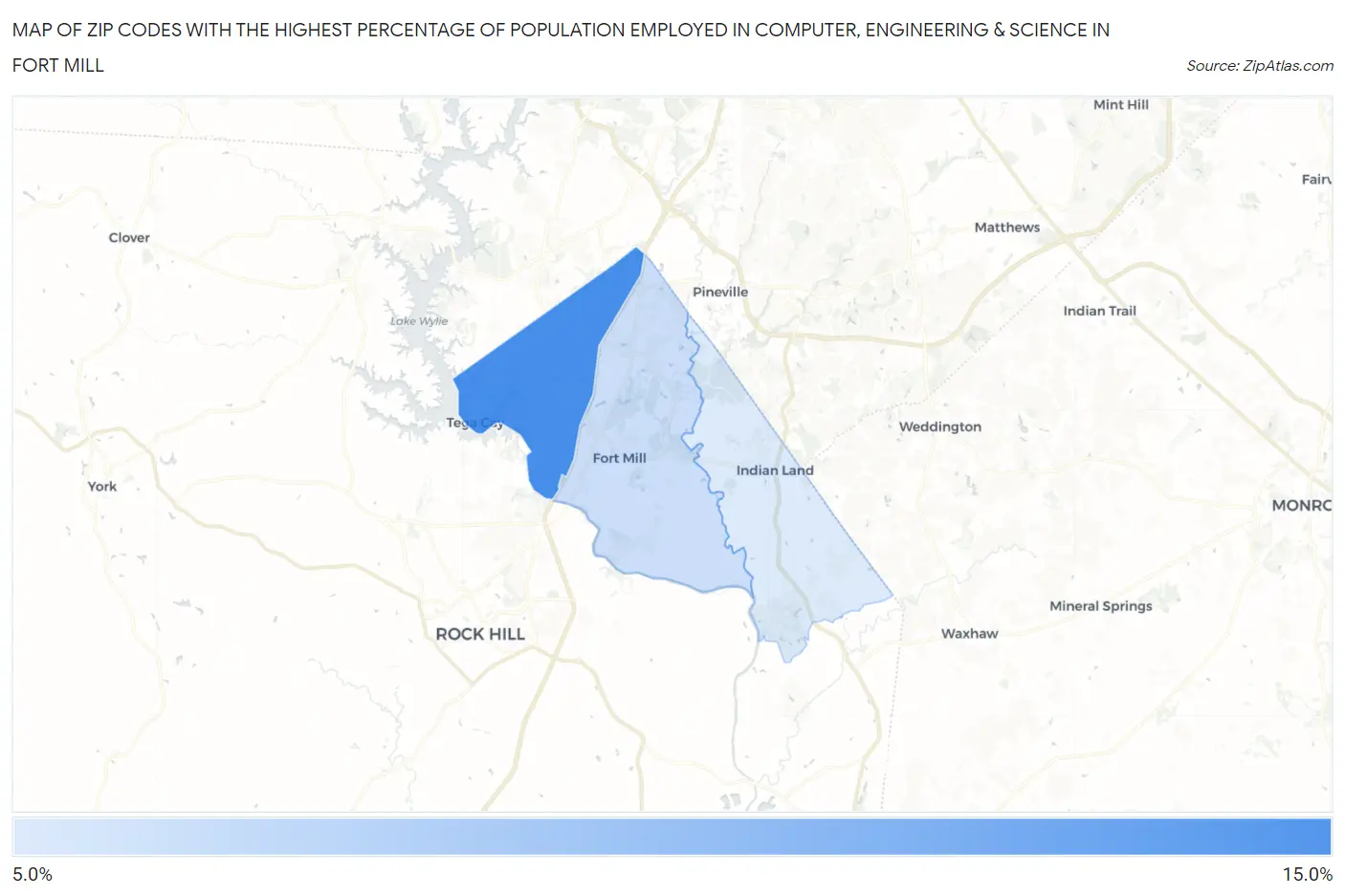 Zip Codes with the Highest Percentage of Population Employed in Computer, Engineering & Science in Fort Mill Map