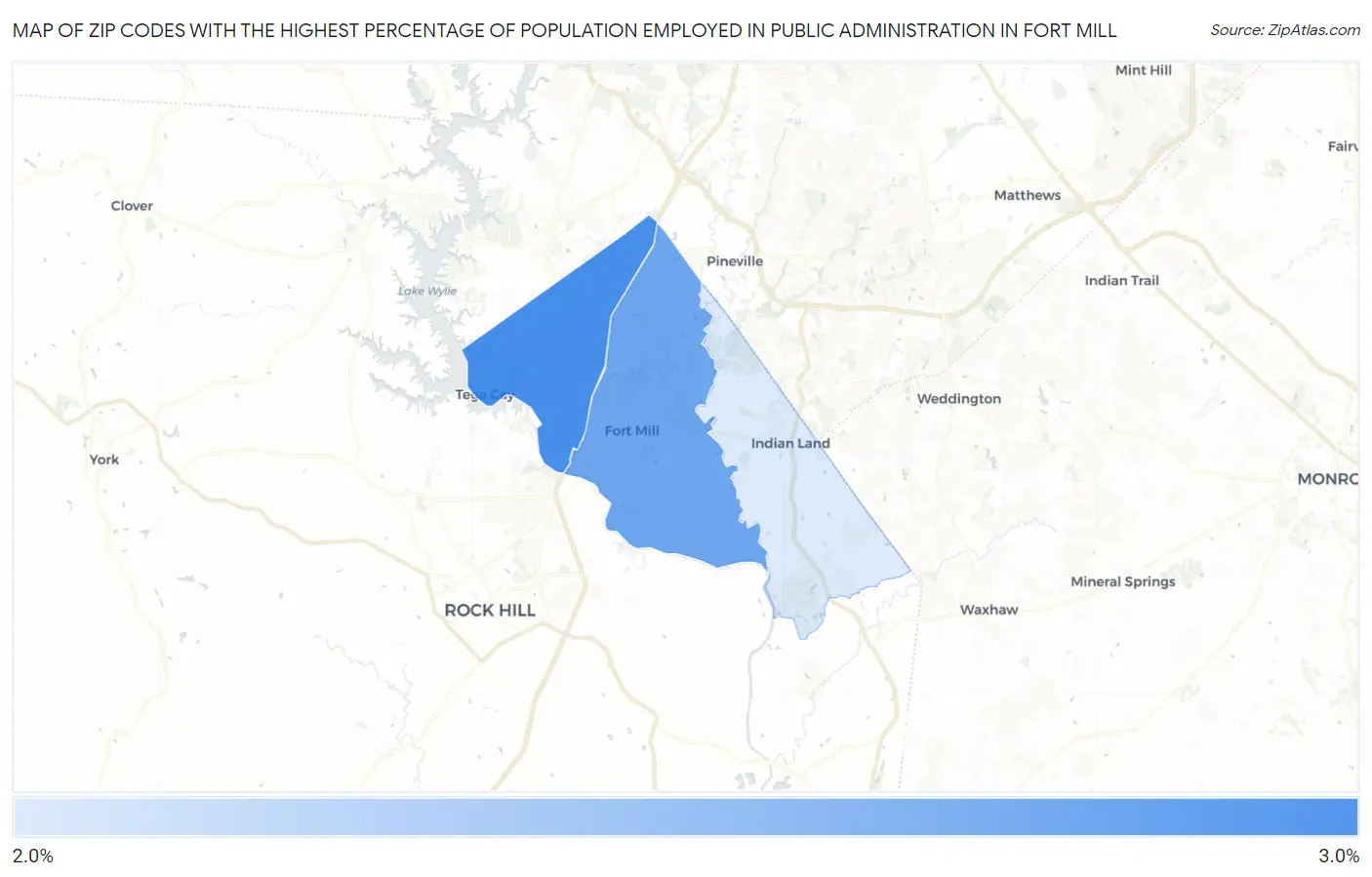Zip Codes with the Highest Percentage of Population Employed in Public Administration in Fort Mill Map