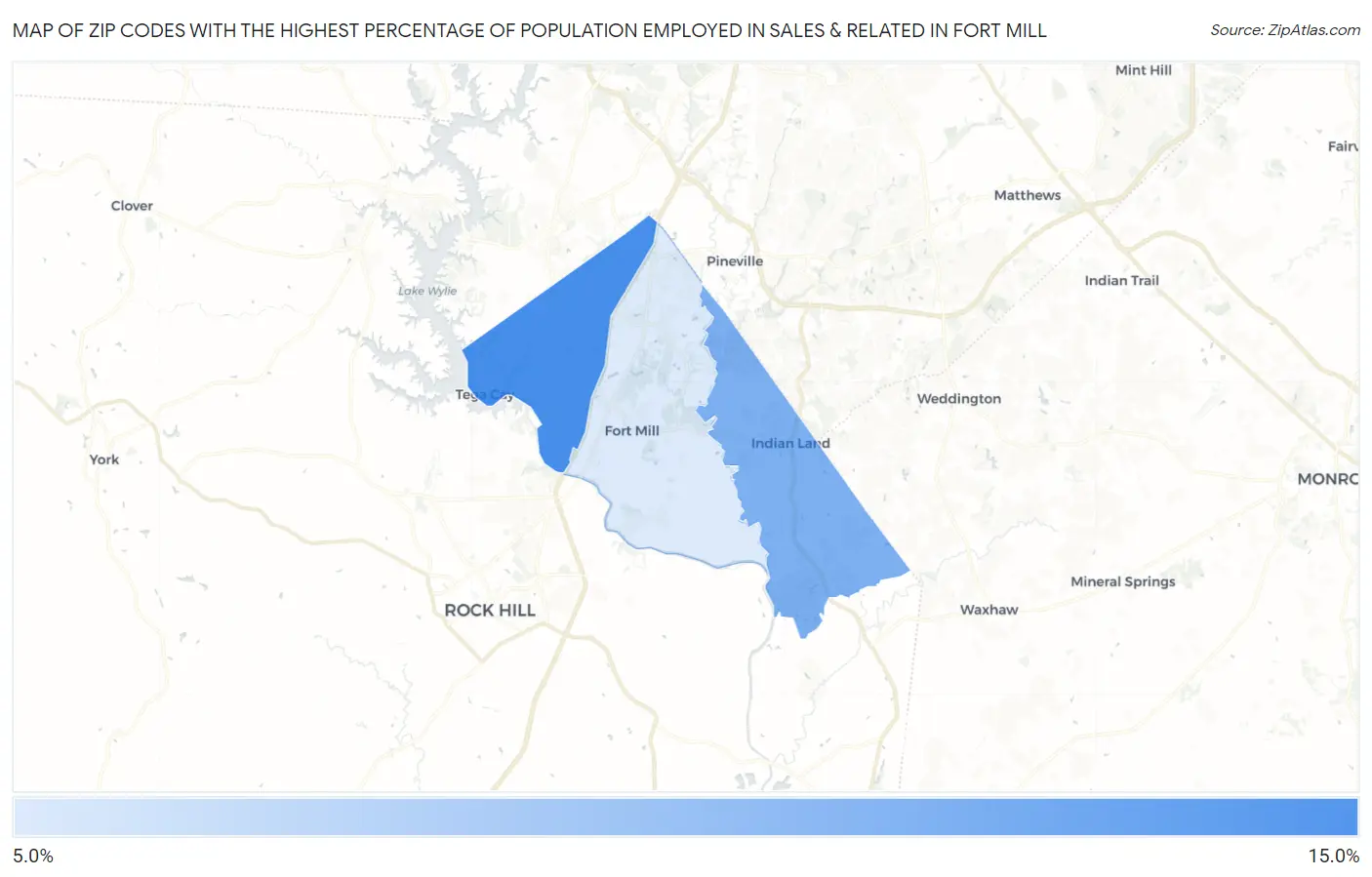 Zip Codes with the Highest Percentage of Population Employed in Sales & Related in Fort Mill Map