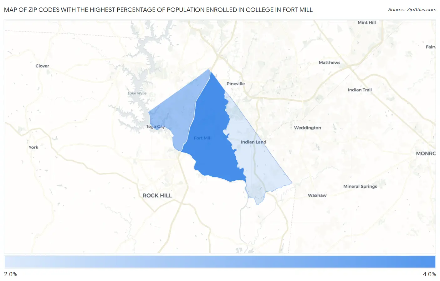 Zip Codes with the Highest Percentage of Population Enrolled in College in Fort Mill Map