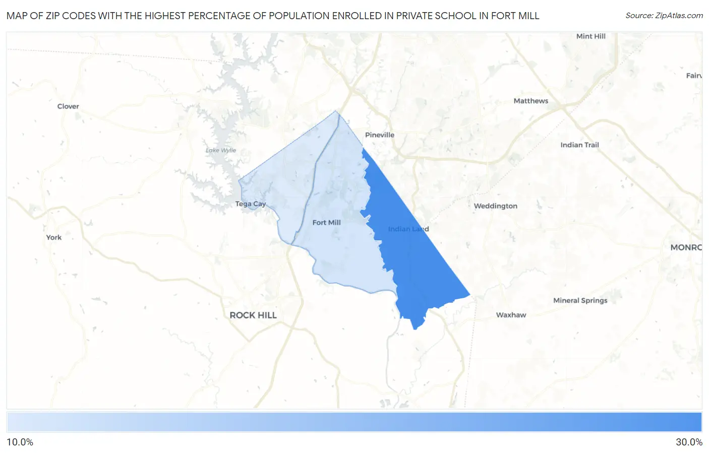 Zip Codes with the Highest Percentage of Population Enrolled in Private School in Fort Mill Map