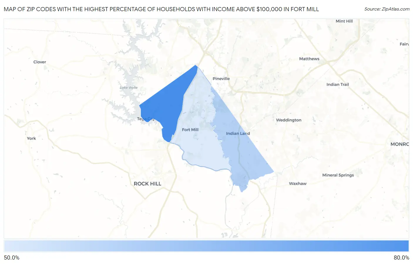 Zip Codes with the Highest Percentage of Households with Income Above $100,000 in Fort Mill Map