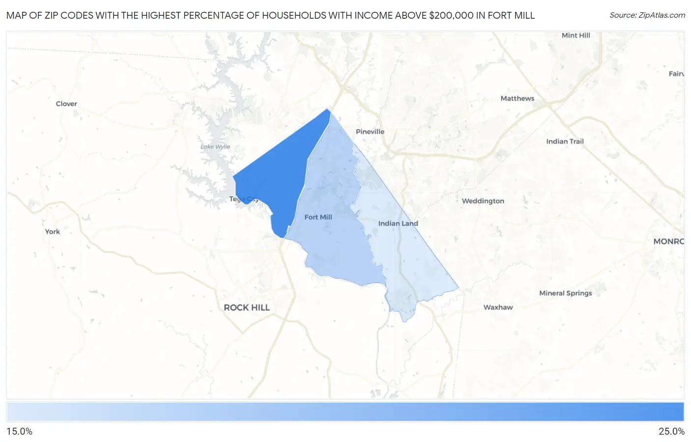 Zip Codes with the Highest Percentage of Households with Income Above $200,000 in Fort Mill Map