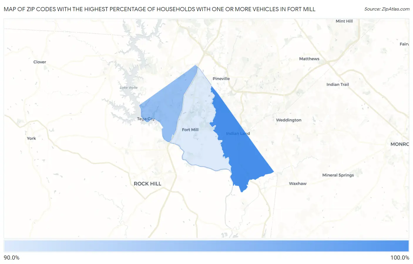 Zip Codes with the Highest Percentage of Households With One or more Vehicles in Fort Mill Map