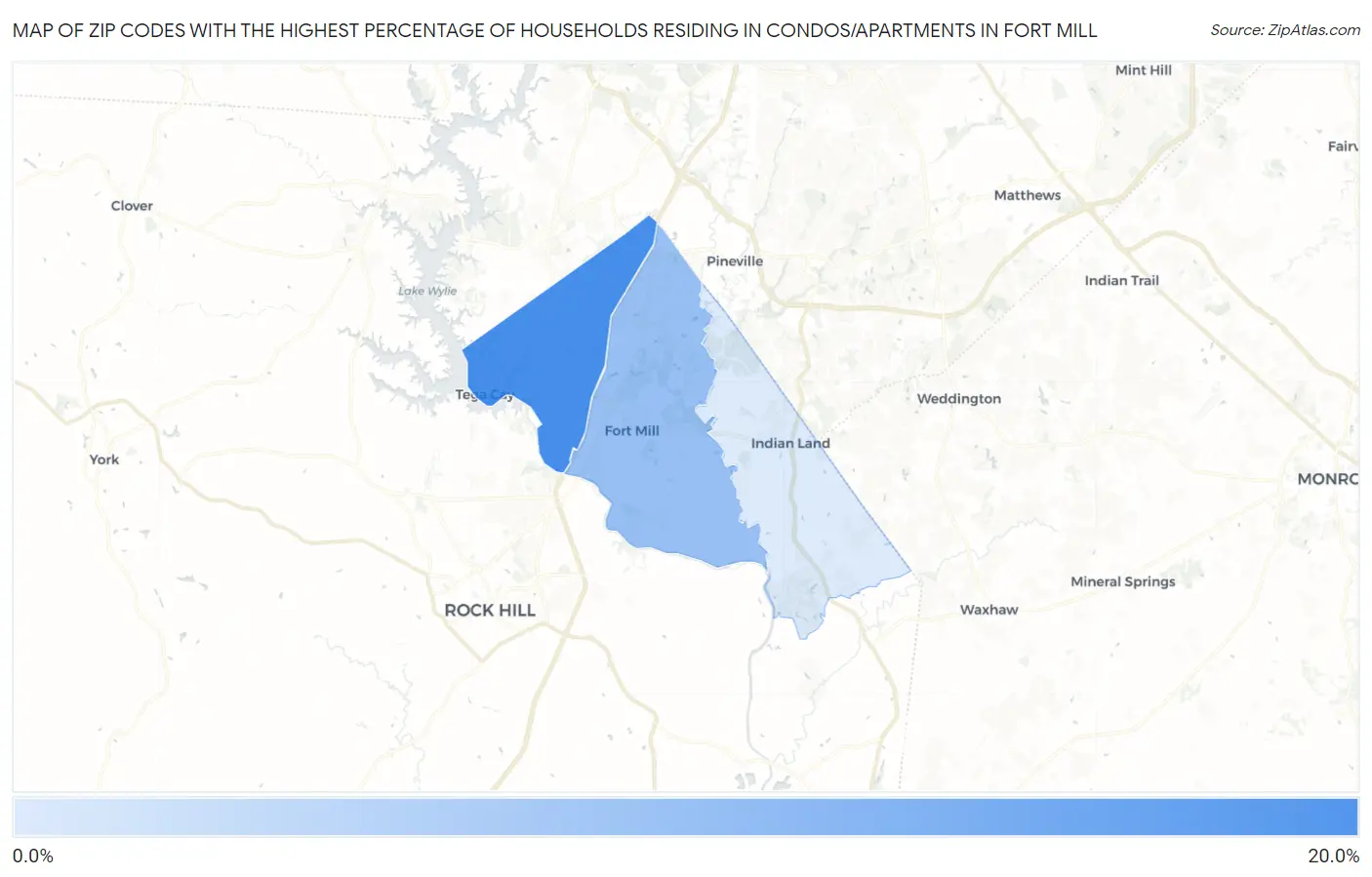 Zip Codes with the Highest Percentage of Households Residing in Condos/Apartments in Fort Mill Map