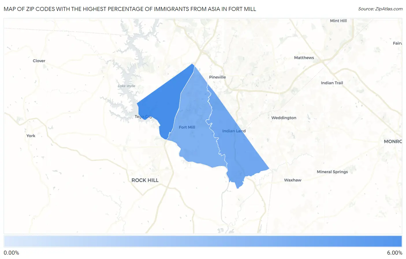 Zip Codes with the Highest Percentage of Immigrants from Asia in Fort Mill Map