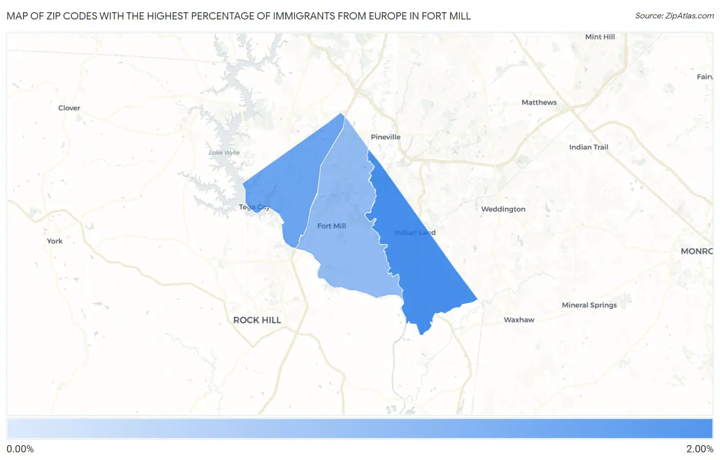Zip Codes with the Highest Percentage of Immigrants from Europe in Fort Mill Map