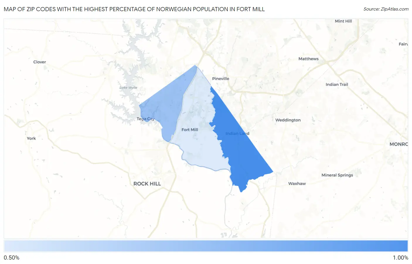 Zip Codes with the Highest Percentage of Norwegian Population in Fort Mill Map